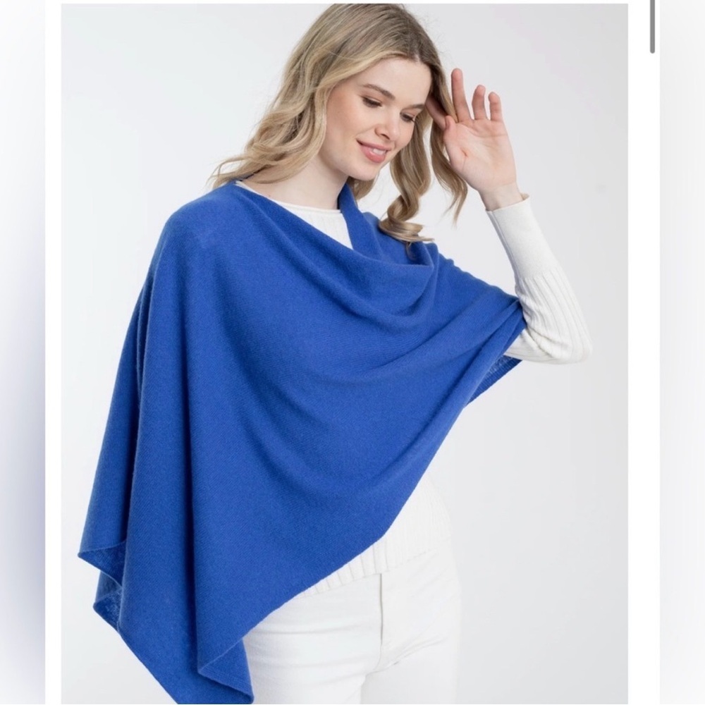 CAROLINE GRACE cotton cashmere blend poncho sweater one size royal blue multiway